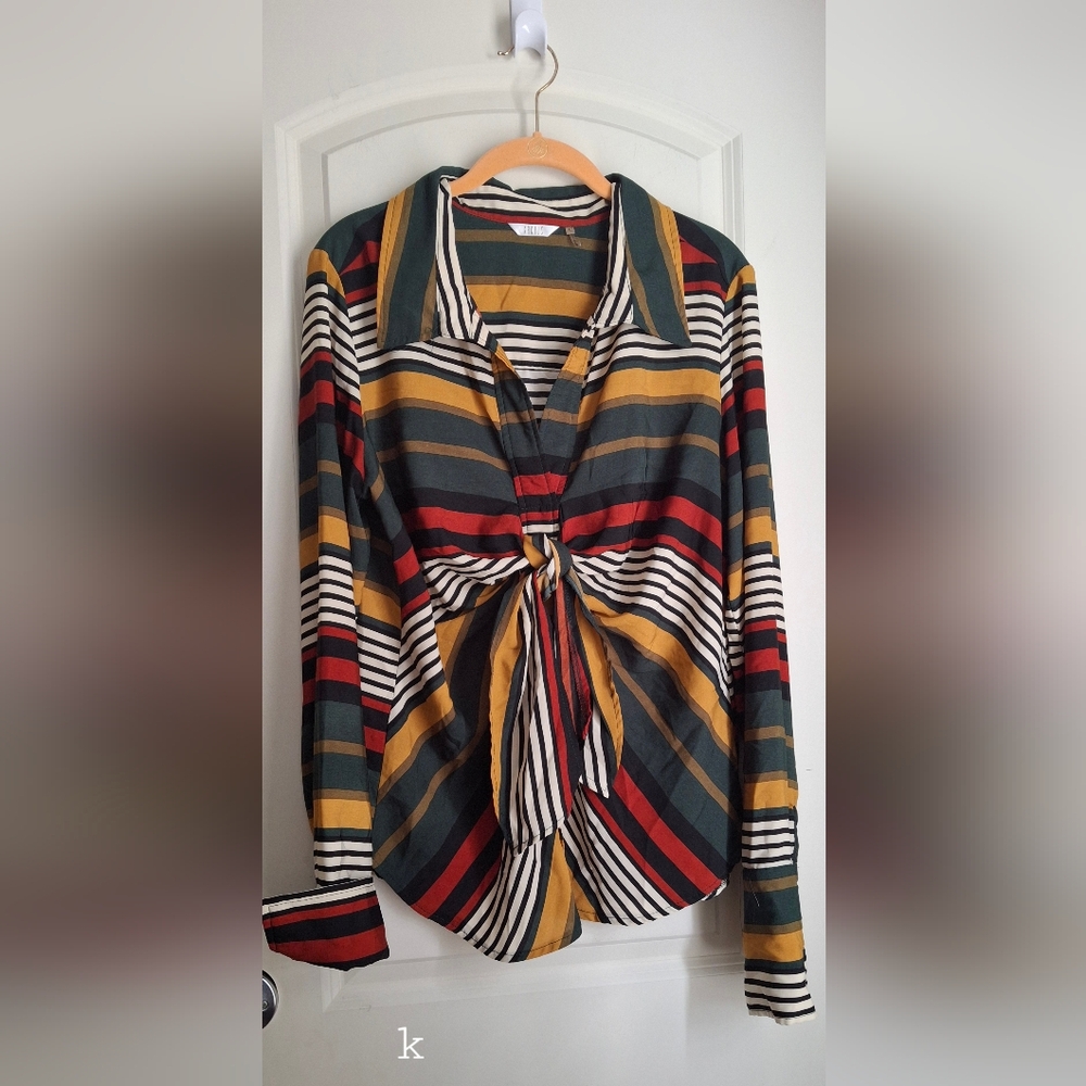 Kaktus Women’s Top Striped Tie Front Blouse size L boho hippie western profesion